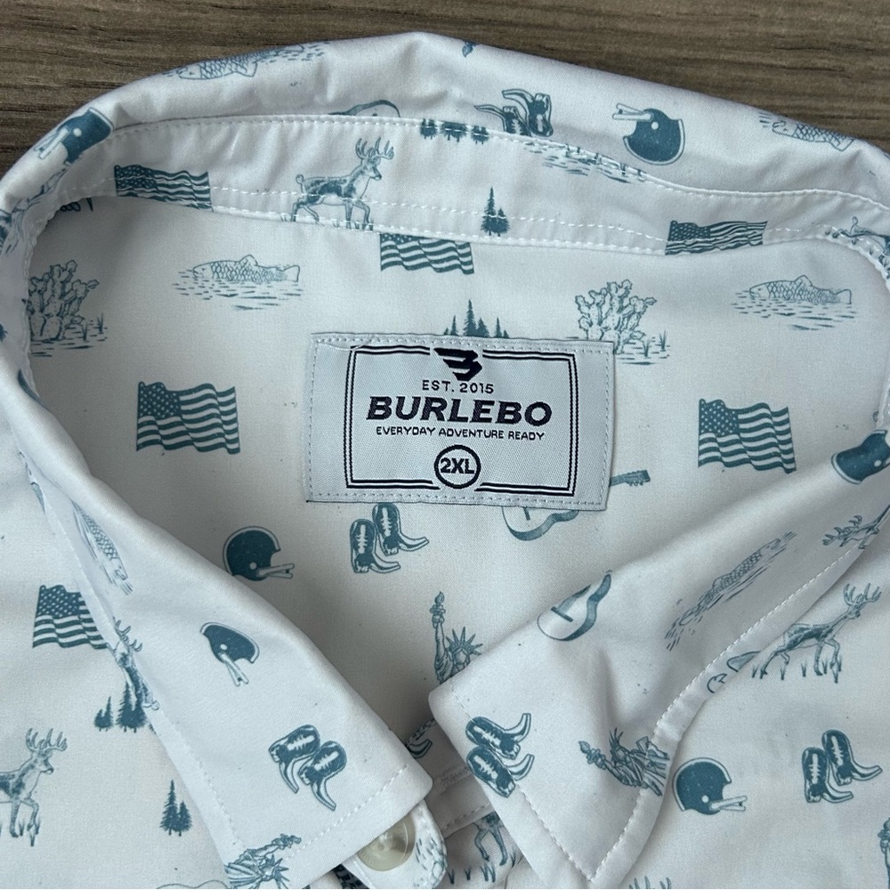 Burlebo Shirt Men’s 2XL White Blue Button Up Stretch American All Over Print - Picture 4 of 9